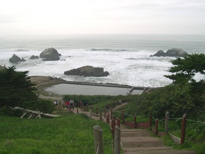 Looking down towards Sutro Baths from the upper switchback on the 2-Sutter-Clement line.